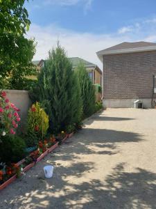 a garden with flowers and trees and a building at Diamond in Cholpon-Ata