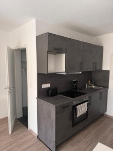 a kitchen with gray cabinets and a sink at Neckar-Apart in Heilbronn +11 photos