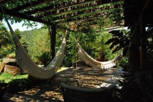 马尔科-德卡纳维泽斯Traumhaftes Landhaus mit Zugang zum Fluss的两个吊床挂在凉棚上