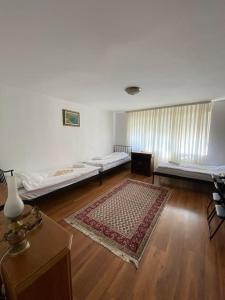 a living room with two beds and a rug at Sunlit City Apartment Gjakova in Gjakove