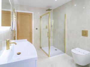 a bathroom with a shower and a toilet and a sink at Blackrock Gem in Porthmadog +51 photos