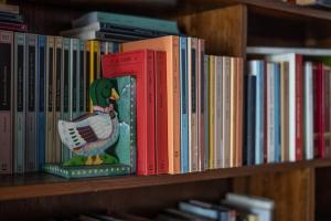 a book shelf filled with books with a chicken on it at Casaletto della musica in Viterbo