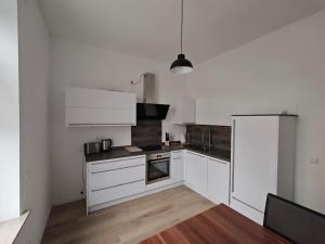 a kitchen with white cabinets and a refrigerator at Pfalz Oase in Landau in der Pfalz