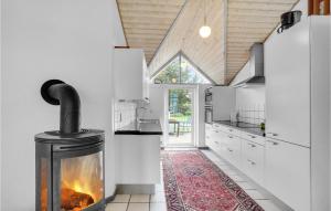 a kitchen with a fireplace in the middle at Beautiful Home In Vestervig With Sauna in Vestervig