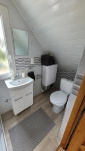 a small bathroom with a toilet and a sink at Siófoki Napfény Apartman in Siófok +11 photos