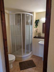 een badkamer met een douche, een toilet en een wastafel bij Casa Burga in Perelló +22 foto's