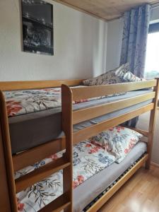 a bedroom with two bunk beds and a window at Ferienwohnung Parkblick Medebach in Medebach
