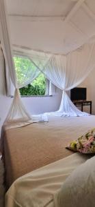 a bedroom with a canopy bed with a window at Vila Pitanga Trancoso in Trancoso +77 photos