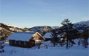 a log cabin in the snow with trees and mountains at 5 Bedroom Awesome Home In Kvinlog in Stakkeland