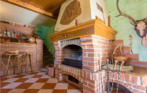 einen Backsteinofen in einem Zimmer mit kariertem Boden in der Unterkunft 3 Bedroom Gorgeous Home In Cacinci in Čačinci