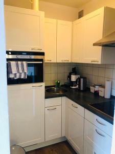 ヒンターツァルテンにあるFerienwohnung Alva Hinterzartenの白いキャビネットとシンクのあるキッチン