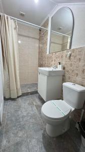 a bathroom with a toilet and a sink and a mirror at Casa Enisala in Enisala +46 photos