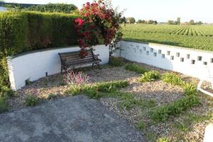 a bench sitting next to a wall with a bush at Altes Deichbauernhaus mit Scheune, Garten und zwei Etagen in Nieuwvliet