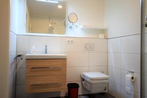 ホーヴァハトにあるMeeresblick "Seesternchen" Haus 3 WE 41の洗面台、トイレ、鏡のあるバスルーム +18枚の写真