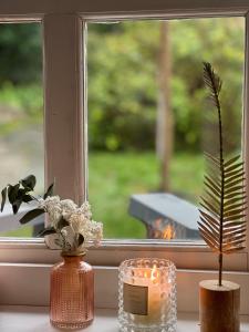 a window sill with two candles and a potted plant at Hygge Lodge Annecy in Doussard