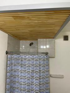 a bathroom with a shower curtain and a wooden ceiling at UshuaiaTdF in Ushuaia