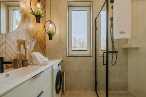 ein Badezimmer mit Dusche und Waschbecken in der Unterkunft Honstryk Relax & Fun Apartamenty z balią i przestrzenią dla rodzin in Krempachy + 106 Fotos