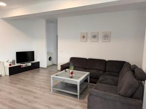 a living room with a couch and a coffee table at Mall Torontal Lux Apartament in Timişoara