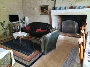 ein Wohnzimmer mit Couch und Kamin in der Unterkunft Maison charmante à Antezant-la-Chapelle avec jardin in Le Pin-Saint-Denis