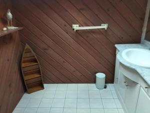ein Badezimmer mit einem Waschbecken und einer Holzwand in der Unterkunft Maison charmante à Antezant-la-Chapelle avec jardin in Le Pin-Saint-Denis + 8 Fotos
