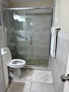 a bathroom with a shower and a toilet at royal at courtleigh towers in Kingston +21 photos