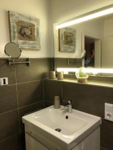 a bathroom with a sink and a mirror at Ferienappartement Marburg Giessen in Hachborn +7 photos