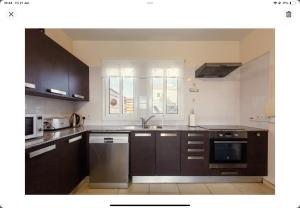 eine Küche mit dunkelbraunen Schränken und Küchengeräten aus Edelstahl in der Unterkunft Villa Julia in Ayia Napa