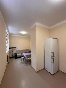a living room with a refrigerator and a couch at Apartament Profy in Jurilovca