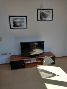 奇勒谷地哈特Ferienwohnung in ruhiger Lage für 5 Personen的一台平板电视放在木制娱乐中心的顶部