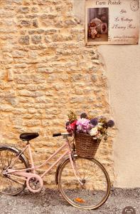 a pink bike with a basket full of flowers at Le Cottage d'Emmy - Rose in Commes