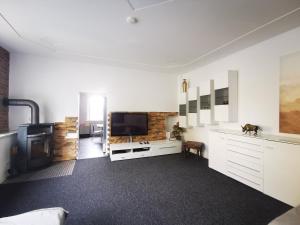 a living room with a flat screen tv and a fireplace at Haus Laila in Heidesee