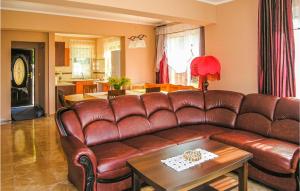 a living room with a brown leather couch and a table at Nice Home In Nowe Warpno With Kitchen in Nowe Warpno