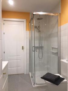 a bathroom with a glass shower with a toilet at Apartamento Torreón in Foz +6 photos
