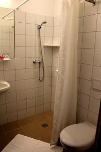 uma casa de banho com um chuveiro, um WC e um lavatório. em Szentkút Pilgrim Center em Mátraverebély