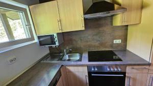 une petite cuisine avec un évier et une cuisinière dans l'établissement Ferienhaus mit Garten im Naturpark Südeifel, à Biersdorf am See