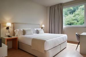 a bedroom with a large bed and a window at Hotel Sukha in Escoriaza