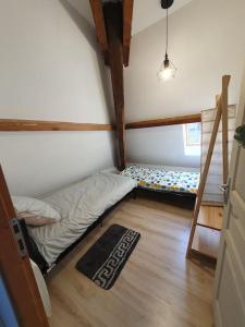 a small room with two bunk beds and a rug at Charmant Duplex au Cœur Vosgien in Charmes