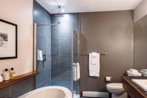 a bathroom with a shower and a toilet and a sink at Lakefront Mountain View - 1 Bedroom Resort Suite in Lac-Superieur +20 photos