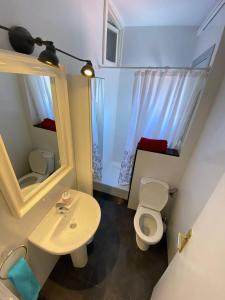 a bathroom with a toilet and a sink and a mirror at Rooms in Apartment Rambla Catalunya in Barcelona +28 photos
