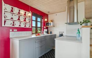 een keuken met rode muren en een wit aanrecht bij 1 Bedroom Stunning Home In Allingåbro in Allingåbro