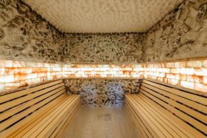 an empty sauna with wooden benches in a room at Pensiunea Eden Garden Smida in Smida