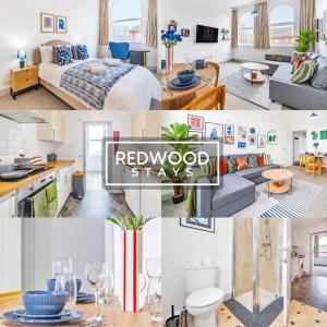 a collage of photos of a bedroom and a living room at Comfortable and Homely 1-Bedroom 1-Bathroom Serviced Apartment with Free Parking, Free WiFi By Redwood Stays in Farnborough