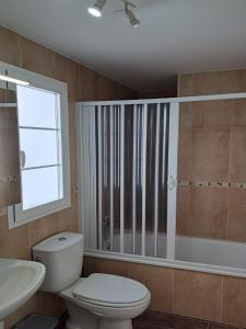 Un baño con inodoro, lavabo y ducha. en Ático Bella Vista, en Cómpeta