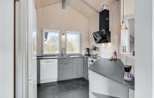 a kitchen with white cabinets and a sink and two windows at Klitbo in Rømø +29 photos