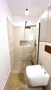 e bagno con servizi igienici bianchi e doccia. di NIce Flat in Villa Near Old Town a Bucarest Altre 11 foto