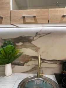 a sink in a bathroom with a marble wall at Studio Peacock in Tympáki