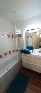 een badkamer met een douche, een wastafel en een bad bij Entre Golf et Mer in Pornic