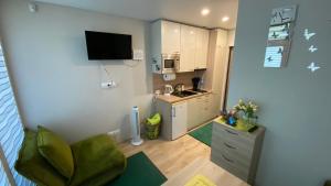 a small apartment with a kitchen and a living room at Juodkrantė - Kalno Studija in Juodkrantė