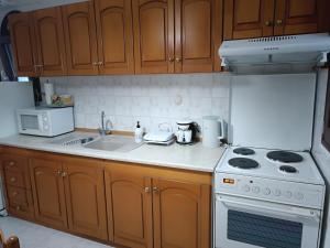 a kitchen with a white stove top oven next to a sink at Holiday home with view in Pefkochori