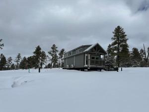 a house sitting on top of a snow covered field at Cozy Cabins with a mountain view 2A in Williams
